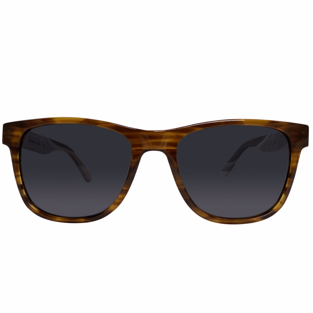Huntington Beach polarized UV400 sunglasses by Cali Life Co, front view showing walnut wood frame and lens detail