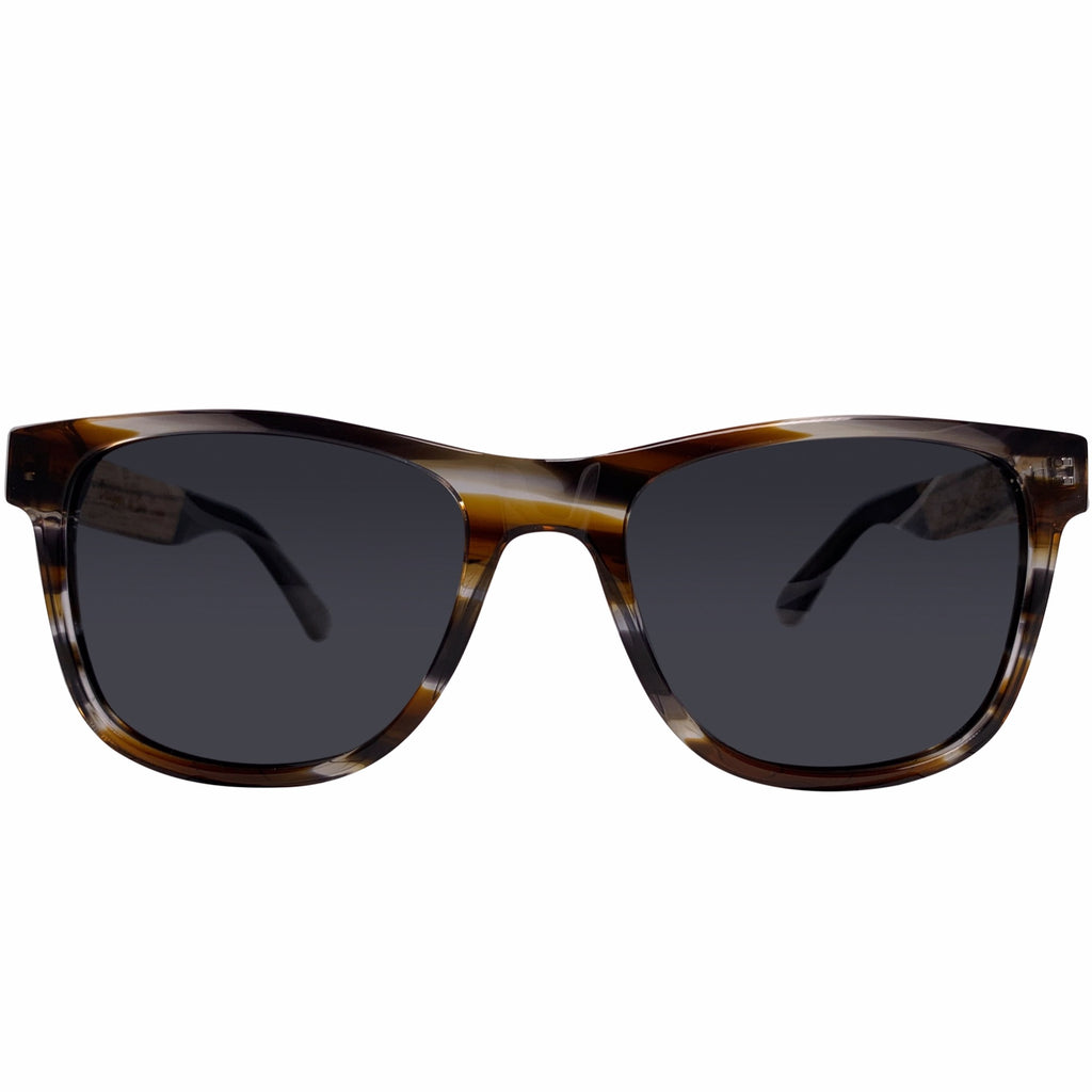 Eagle Peak polarized UV400 sunglasses by Cali Life Co, front view showing plant-based acetate with wood-grain temples frame and lens detail