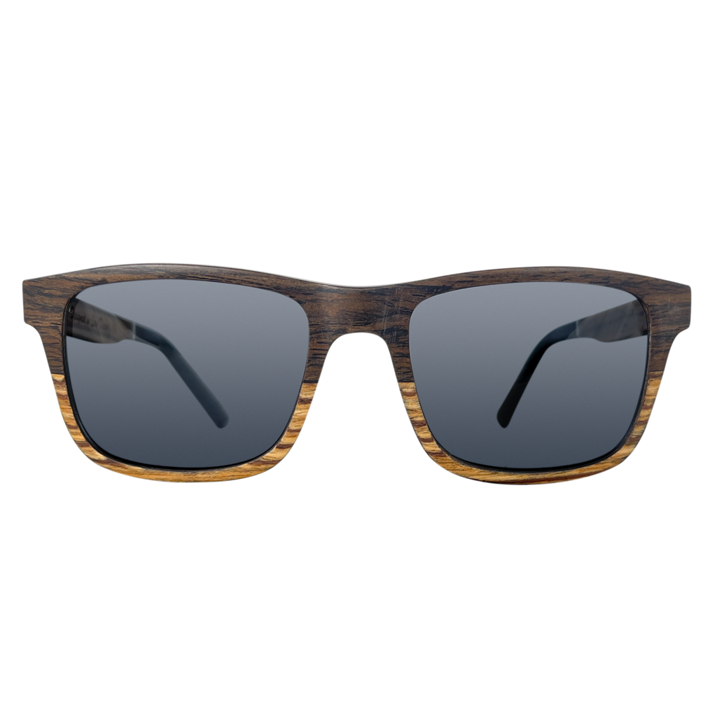 Joshua Tree polarized UV400 sunglasses by Cali Life Co, front view showing layered walnut and black oak frame and lens detail