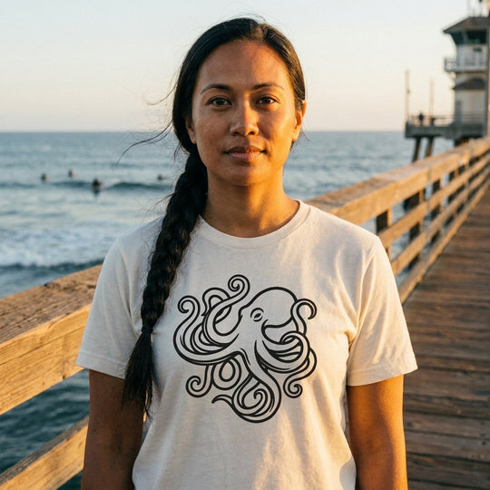Octopus Art California Tee worn on Huntington Beach pier, Bella+Canvas 3001 bone white, printed on demand by Cali Life Co.