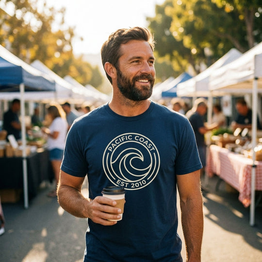 Pacific Coast Wave Badge Tee — Men's back view. Cali Life Co. California apparel, designed in San Diego