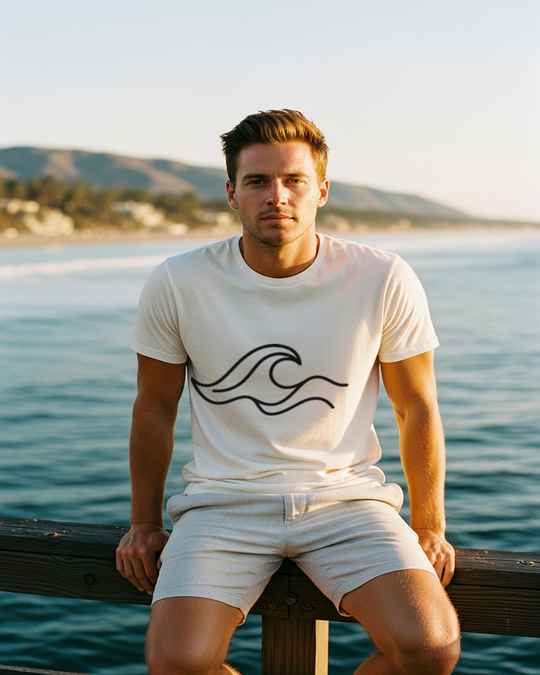 One-Line Wave California Tee worn by male model on Malibu pier at golden hour, Bella+Canvas 3001 bone white, handcrafted by Cali Life Co.