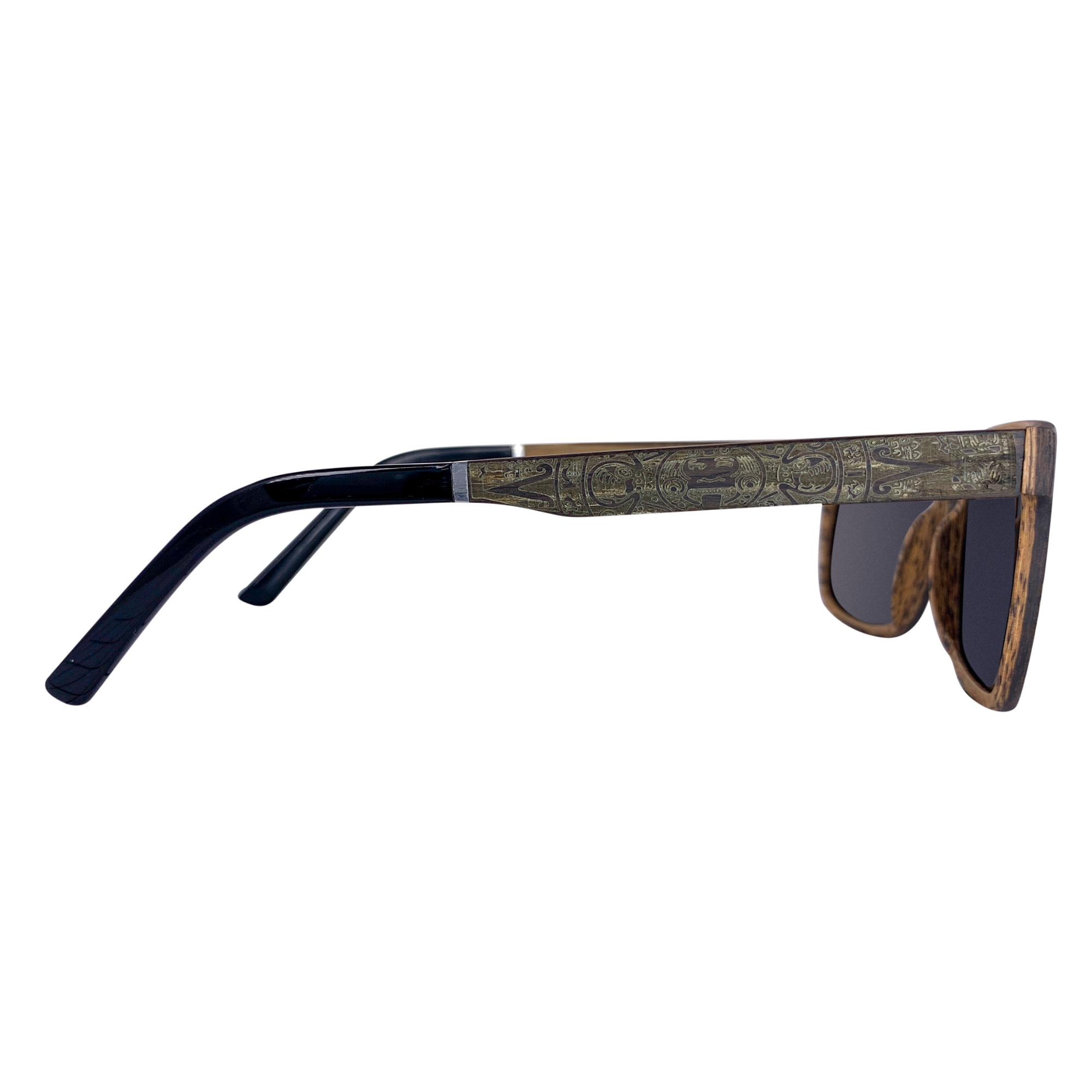 Joshua Tree top-down view of layered walnut and black oak temple grain and bio-acetate front, handcrafted by Cali Life Co San Diego