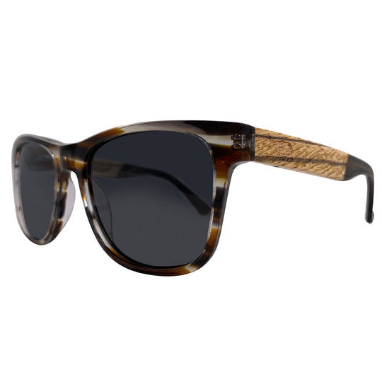 Eagle Peak sunglasses side profile showing real plant-based acetate with wood-grain temples temples and stainless spring hinge, Cali Life Co