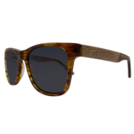 Huntington Beach sunglasses side profile showing real walnut wood temples and stainless spring hinge, Cali Life Co