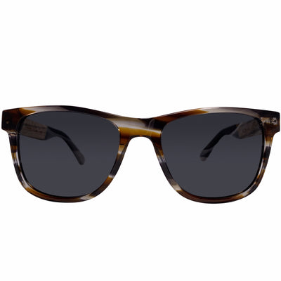 Eagle Peak polarized UV400 sunglasses by Cali Life Co, front view showing plant-based acetate with wood-grain temples frame and lens detail