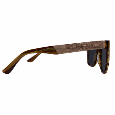 Huntington Beach wood-temple polarized sunglasses worn in natural light, Coastal collection by Cali Life Co