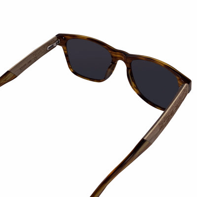 Huntington Beach top-down view of walnut wood temple grain and bio-acetate front, handcrafted by Cali Life Co San Diego