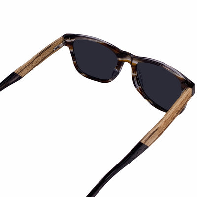 Eagle Peak top-down view of plant-based acetate with wood-grain temples temple grain and bio-acetate front, handcrafted by Cali Life Co San Diego
