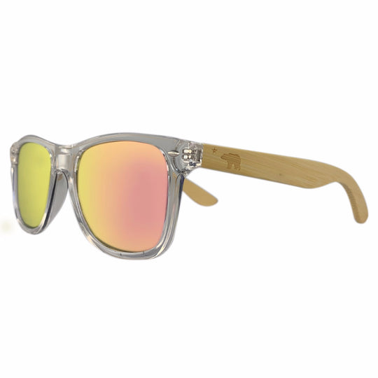 Laguna sunglasses side profile showing real bamboo wood temples and stainless spring hinge, Cali Life Co