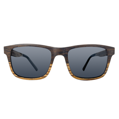 Joshua Tree polarized UV400 sunglasses by Cali Life Co, front view showing layered walnut and black oak frame and lens detail