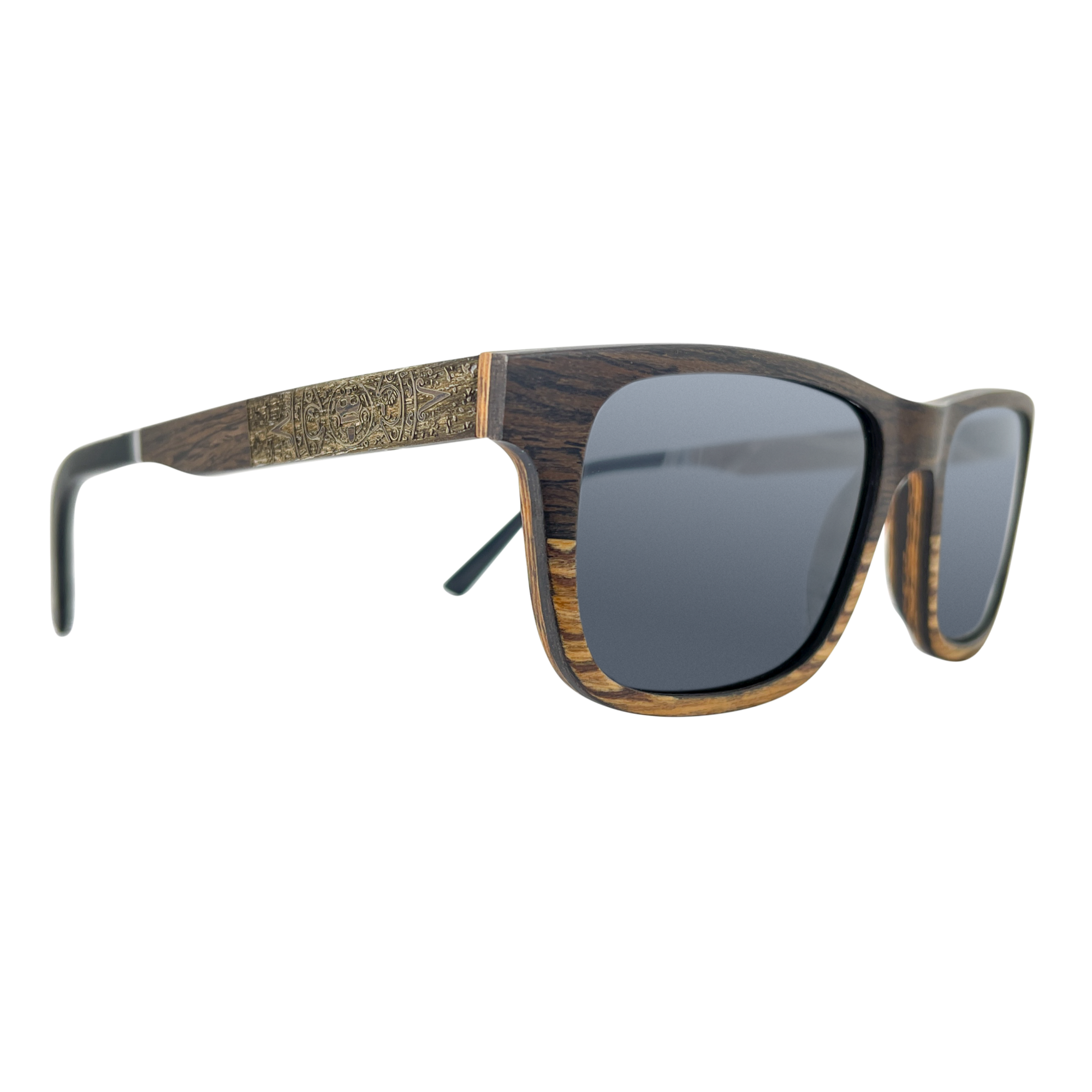 Joshua Tree sunglasses side profile showing real layered walnut and black oak temples and stainless spring hinge, Cali Life Co