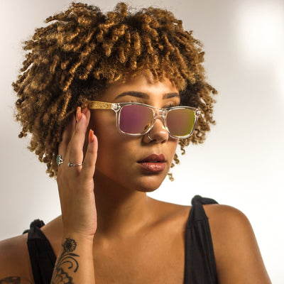 Laguna polarized UV400 sunglasses close-up of stainless spring hinge and temple craftsmanship, Cali Life Co