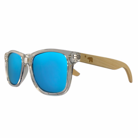 Malibu polarized sunglasses, clear acetate frame with bamboo wood temples and blue mirror UV400 lenses, handcrafted by Cali Life Co California