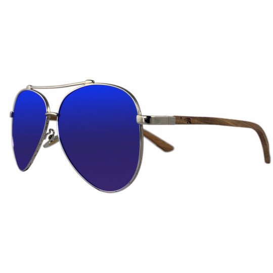 Pacific Beach sunglasses side profile showing real walnut wood temples and stainless spring hinge, Cali Life Co