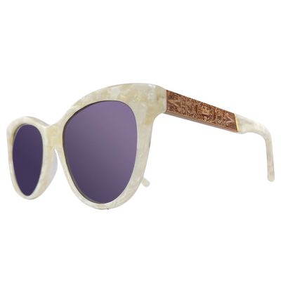 Venice sunglasses side profile showing real zebra wood temples and stainless spring hinge, Cali Life Co