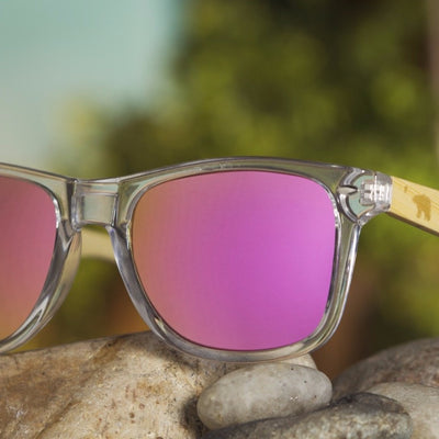 Laguna polarized lens detail showing UV400 tint and optical clarity, bamboo wood frame by Cali Life Co