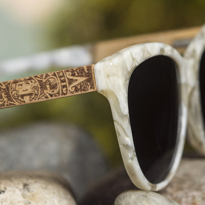Venice three-quarter view of zebra wood-temple sunglasses with polarized UV400 lenses, Cali Life Co Coastal