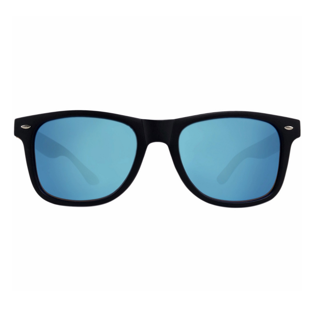 Santa Barbara polarized UV400 sunglasses by Cali Life Co, front view showing black polycarbonate frame with bamboo wood temples and blue mirror lenses