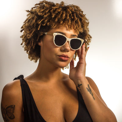 Venice top-down view of zebra wood temple grain and bio-acetate front, handcrafted by Cali Life Co San Diego