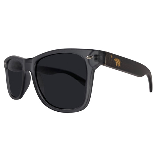 Rockport sunglasses side profile showing real bamboo wood temples and stainless spring hinge, Cali Life Co